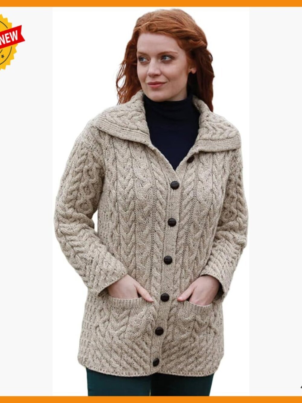 Long Wool Cardigan with Cable Knit and Patch Pockets for Women